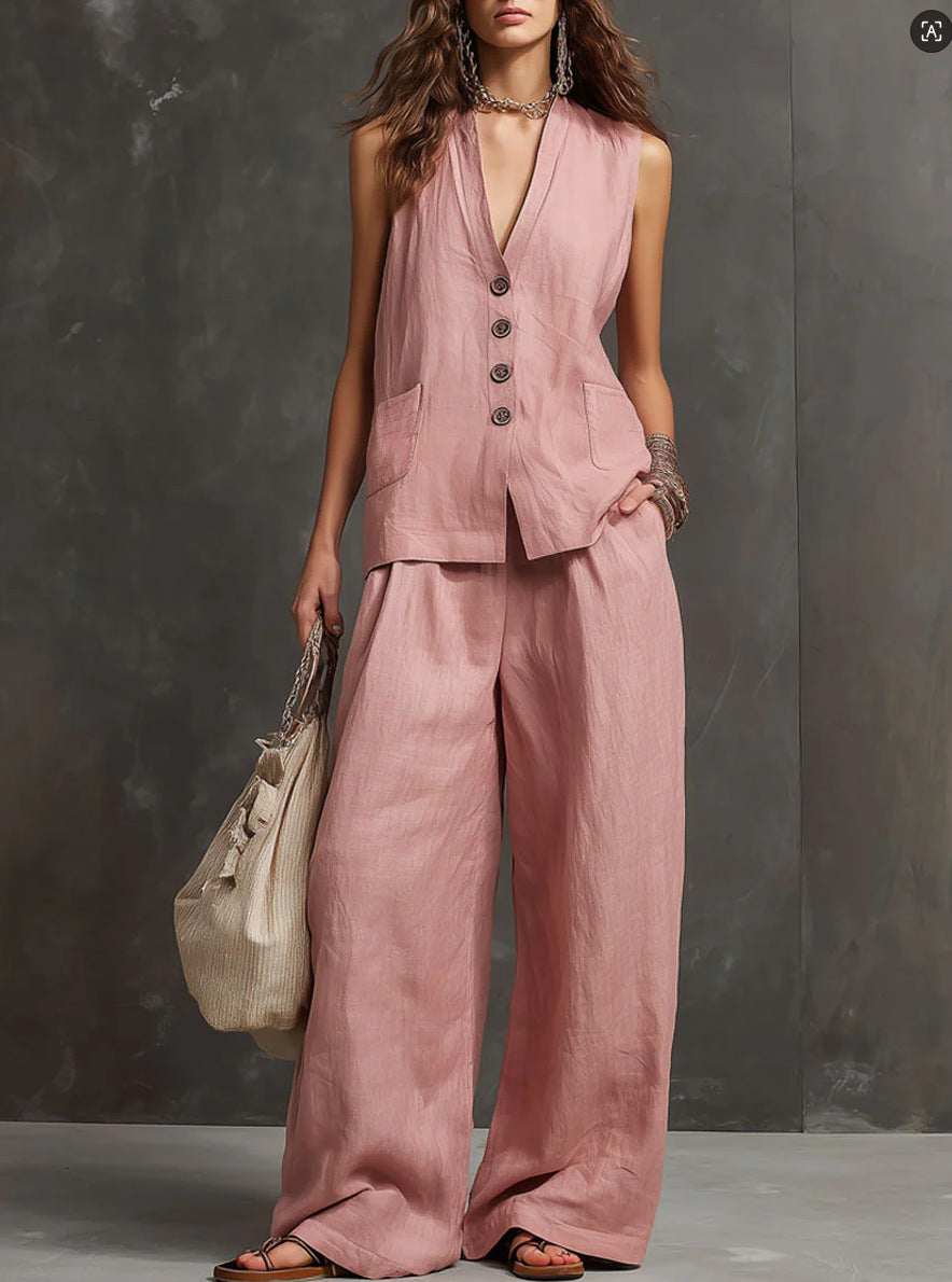 Two-piece cotton and linen set with sleeveless vest and wide-leg pants